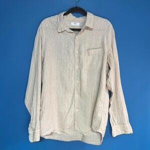 Uniqlo Linen Shirt men's Size XL Tan White Stripe Collared Button Down Minimal